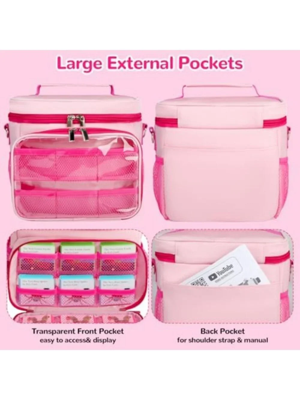 Travel Storybook Carrying Case with 12 Pockets & Shoulder Strap - Pink